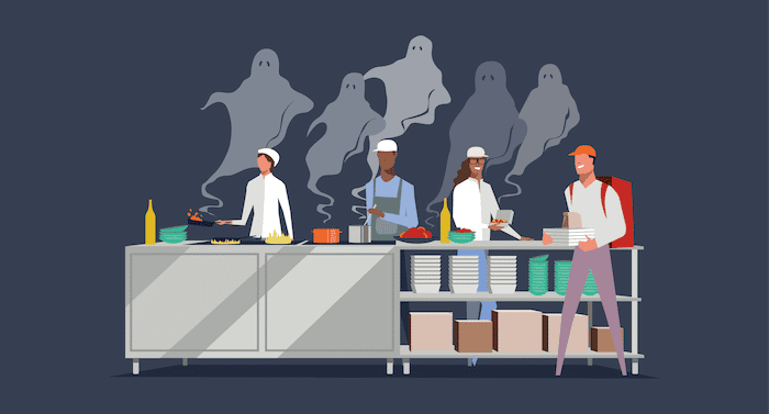 illustration of ghosts behind culinary professionals in a dark kitchen